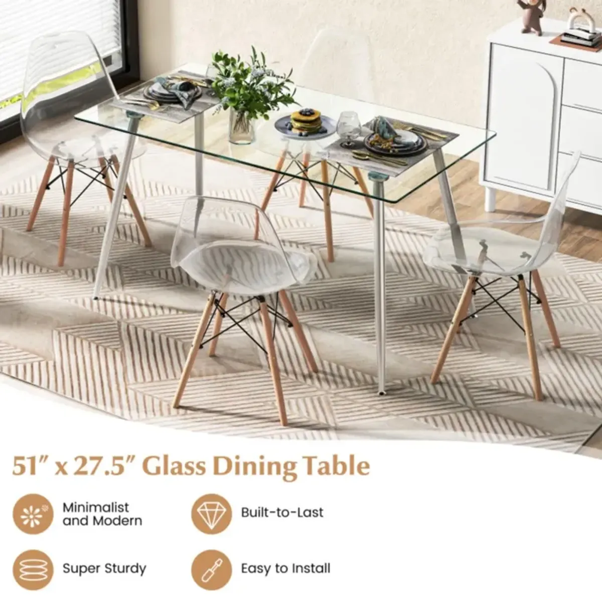 Hivvago Modern Glass Rectangular Dining Table with Metal Legs