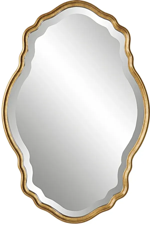 33 Inch Wood Wall Mirror, Elongated Quatrefoil, Gold-Benzara
