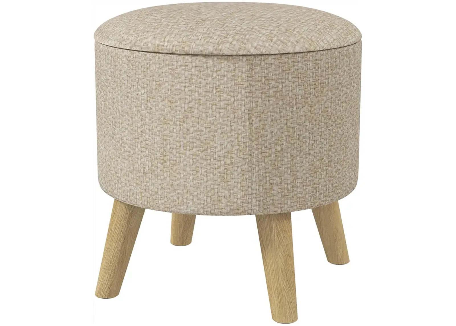 Linen Round Storage Ottoman: Wood Legs, Hidden Space