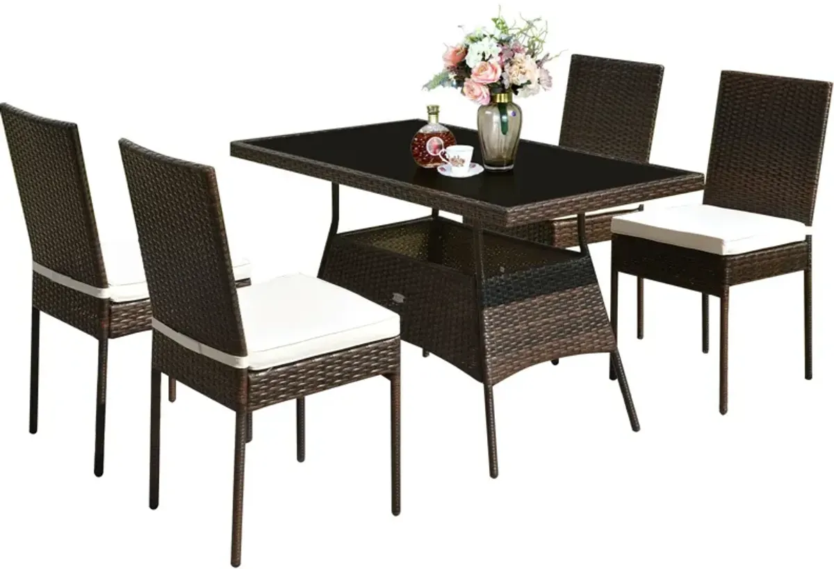 5 Pieces Rattan Dining Set Glass Table High Back Chair