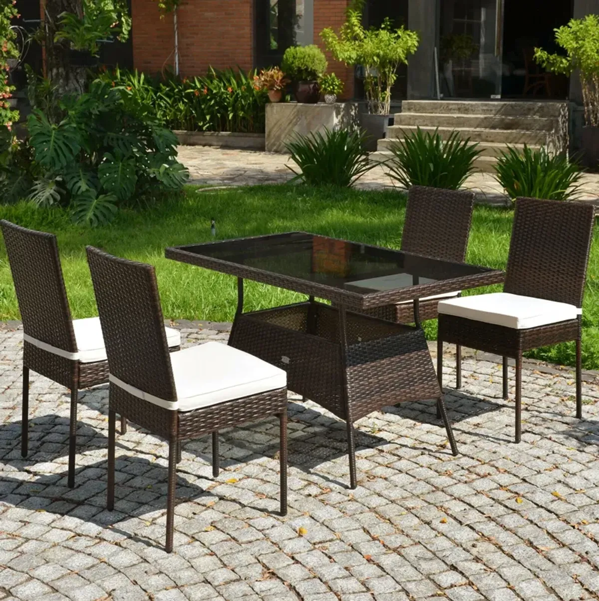 5 Pieces Rattan Dining Set Glass Table High Back Chair