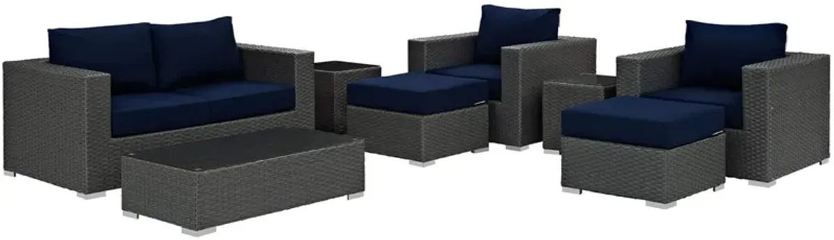 Sojourn Outdoor Patio Furniture Set - Sunbrella Cushions, Synthetic Rattan, UV Protection, Aluminum Frame - Includes Coffee Table, Loveseat, Armchairs, Ottomans, Side Tables