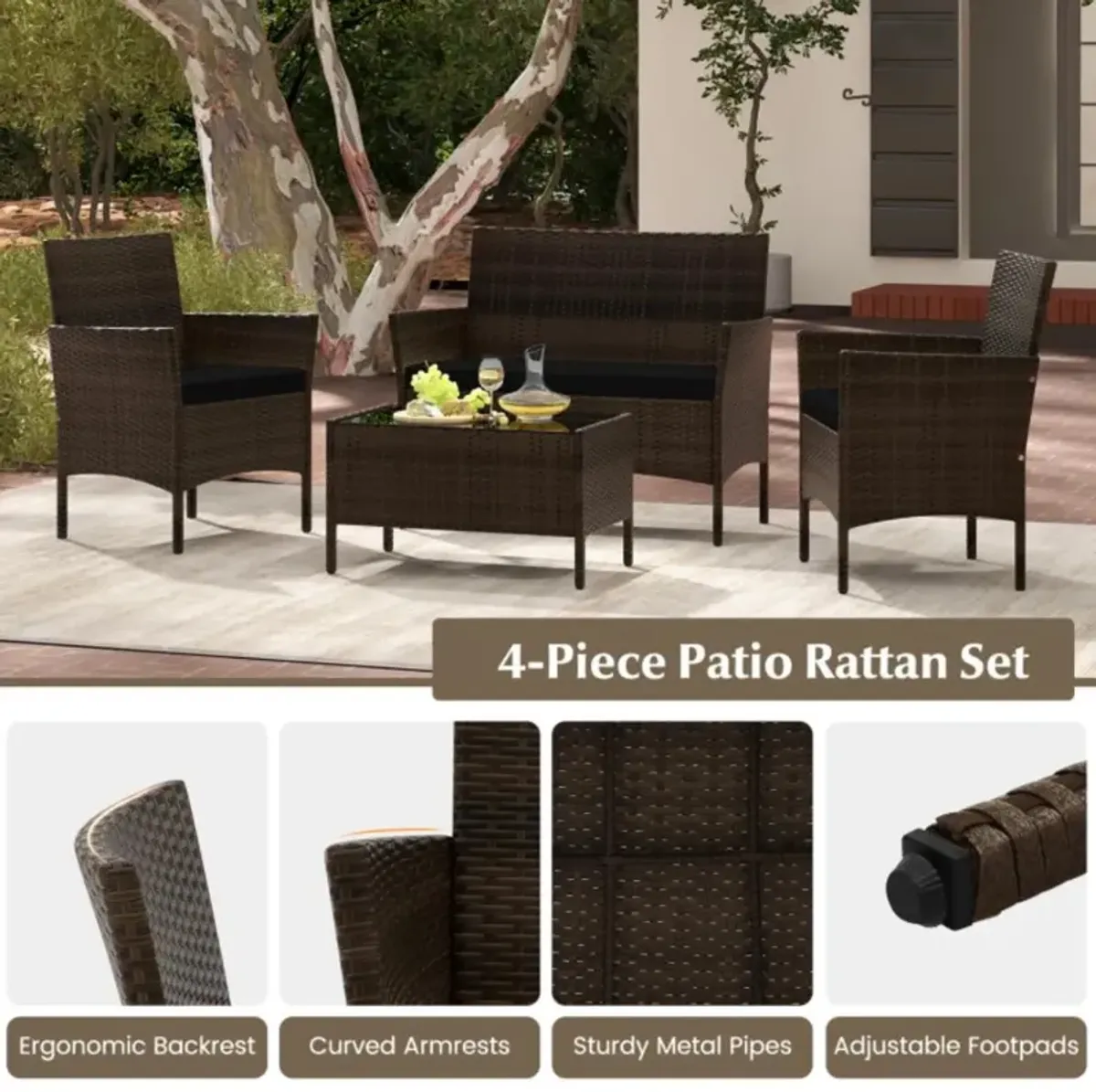 Hivvago 4 Piece Patio Rattan Conversation Set with Cozy Seat Cushions