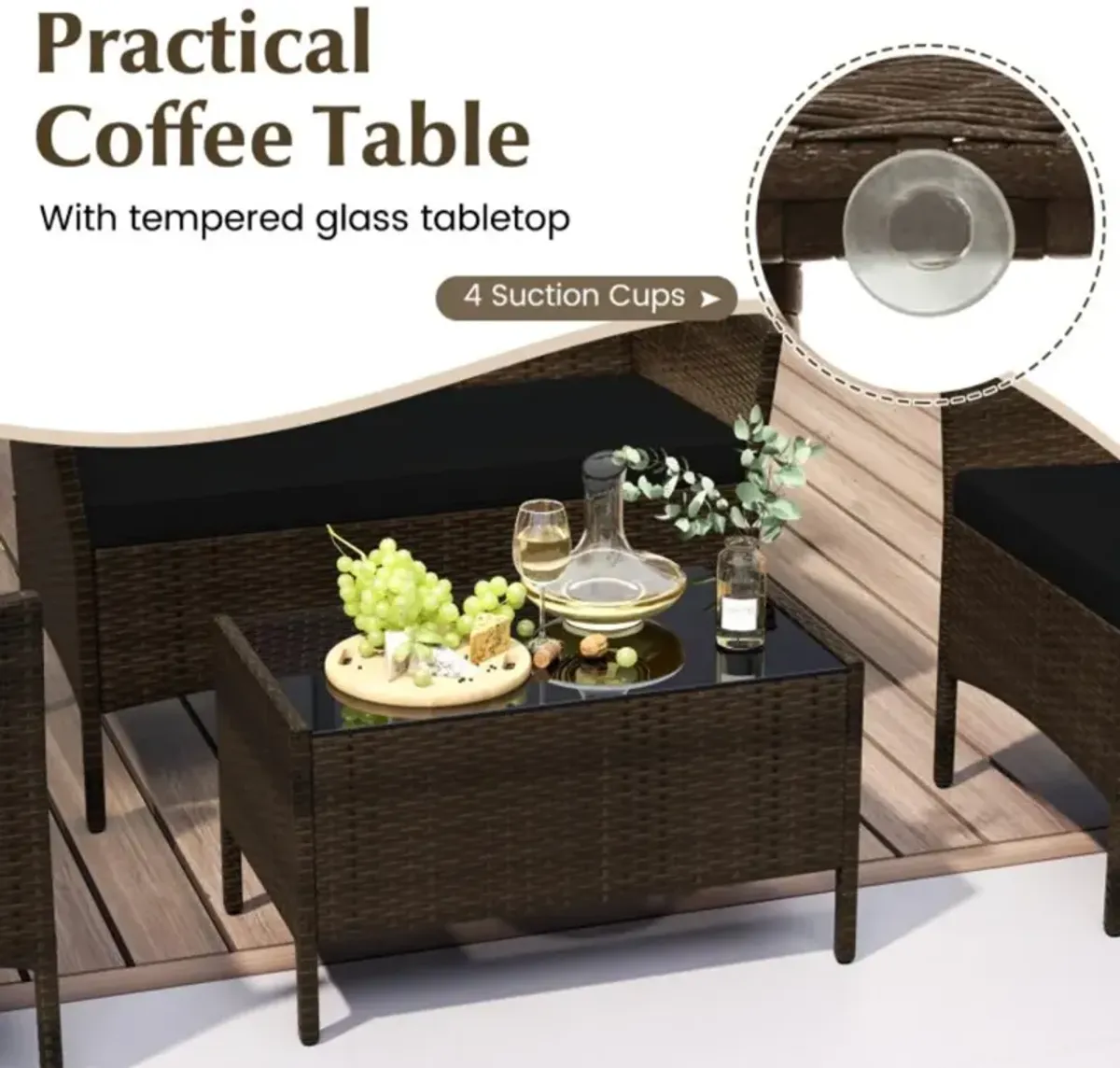 Hivvago 4 Piece Patio Rattan Conversation Set with Cozy Seat Cushions