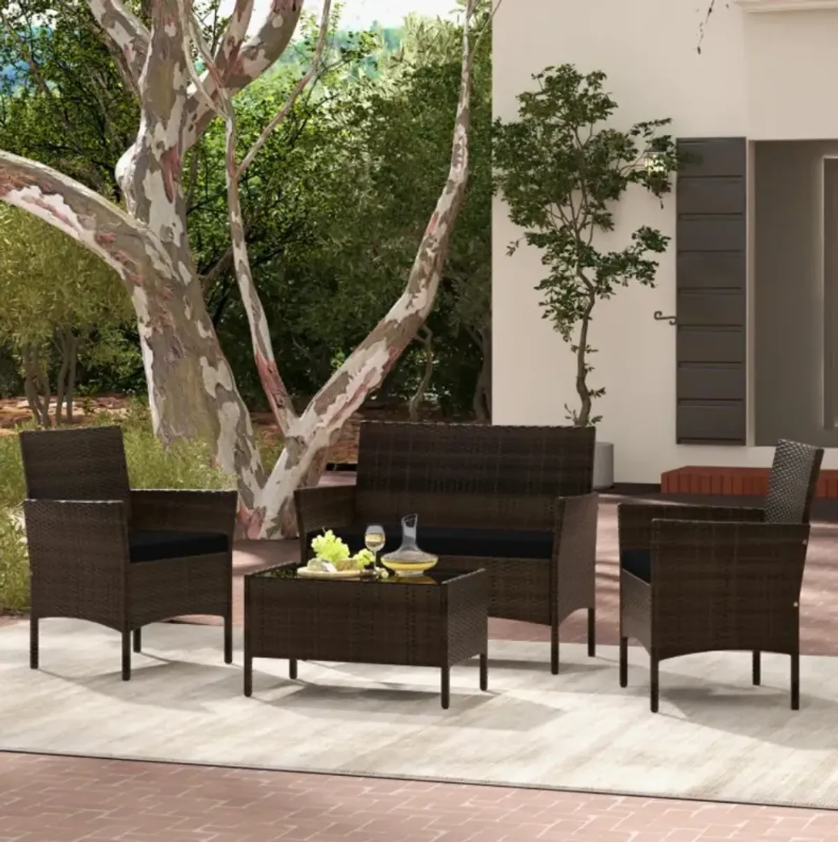 Hivvago 4 Piece Patio Rattan Conversation Set with Cozy Seat Cushions