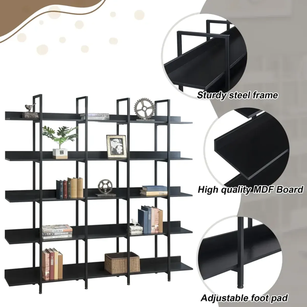 Gewnee 5 Tier Bookcase Home Office Bookshelf