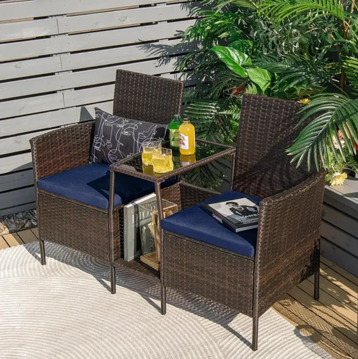 Hivvago Rattan Patio Conversation Set Cushioned with Glass Table