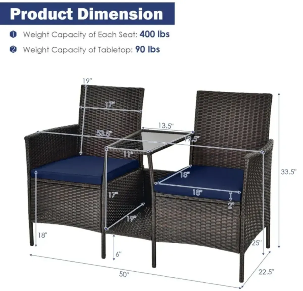 Hivvago Rattan Patio Conversation Set Cushioned with Glass Table