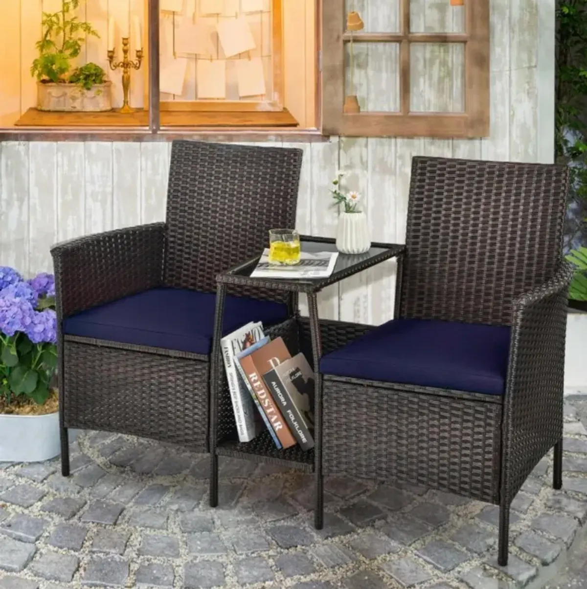 Hivvago Rattan Patio Conversation Set Cushioned with Glass Table