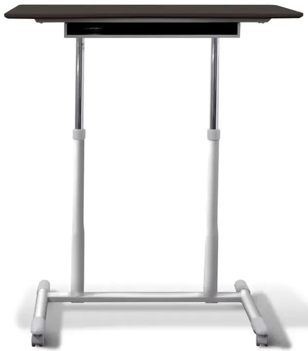 Adjustable standing desk with ergonomic design and wire storage shelf