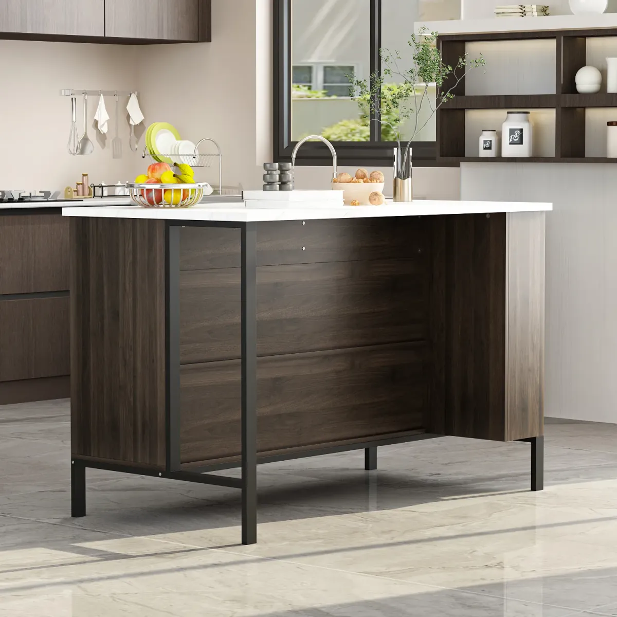 Stationary Kitchen Island with 2 Drawers & Open Shelves, Kitchen Island Table with Metal Legs, Bar Table Island Table Brown and Marble White (55.1”W x 30”D x 36”H)