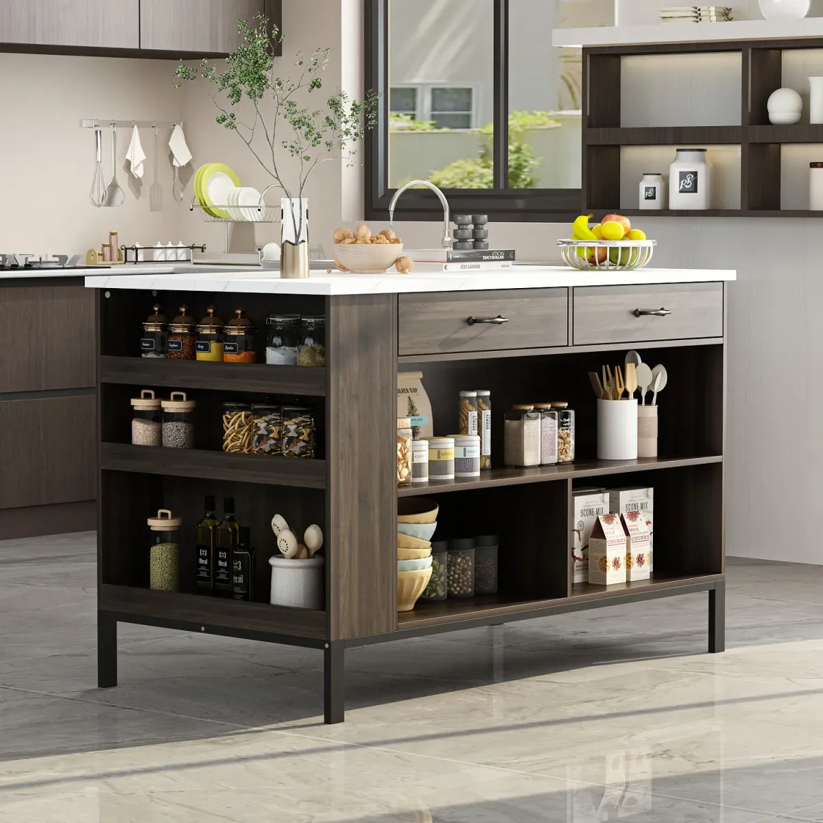 Stationary Kitchen Island with 2 Drawers & Open Shelves, Kitchen Island Table with Metal Legs, Bar Table Island Table Brown and Marble White (55.1”W x 30”D x 36”H)