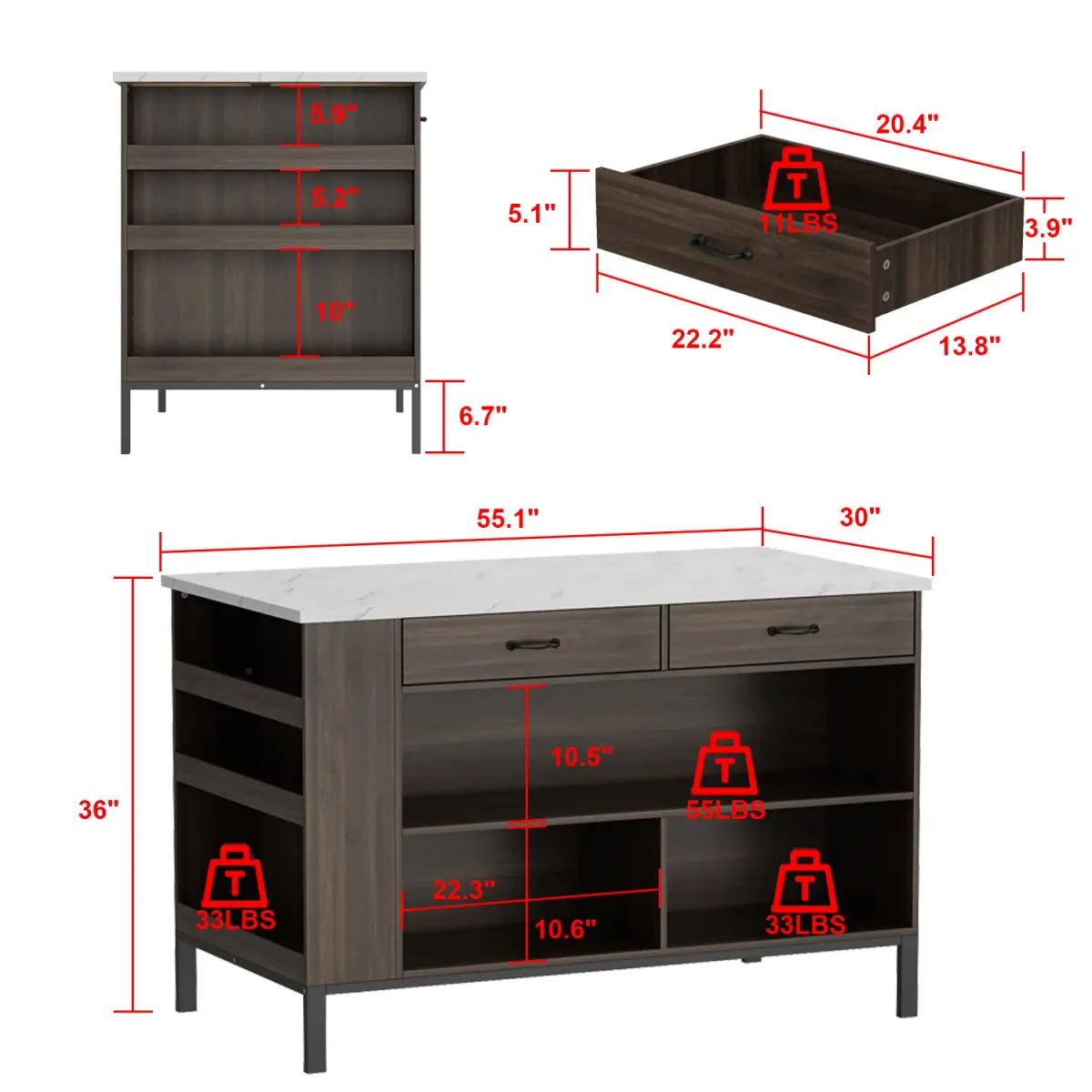 Stationary Kitchen Island with 2 Drawers & Open Shelves, Kitchen Island Table with Metal Legs, Bar Table Island Table Brown and Marble White (55.1”W x 30”D x 36”H)