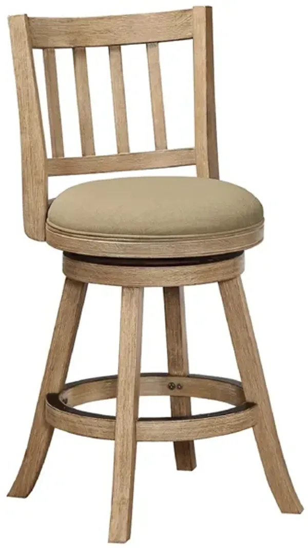 Adam 24 Inch Solid Wood Swivel Counter Stool, Slatted Back, Oat Brown-Benzara