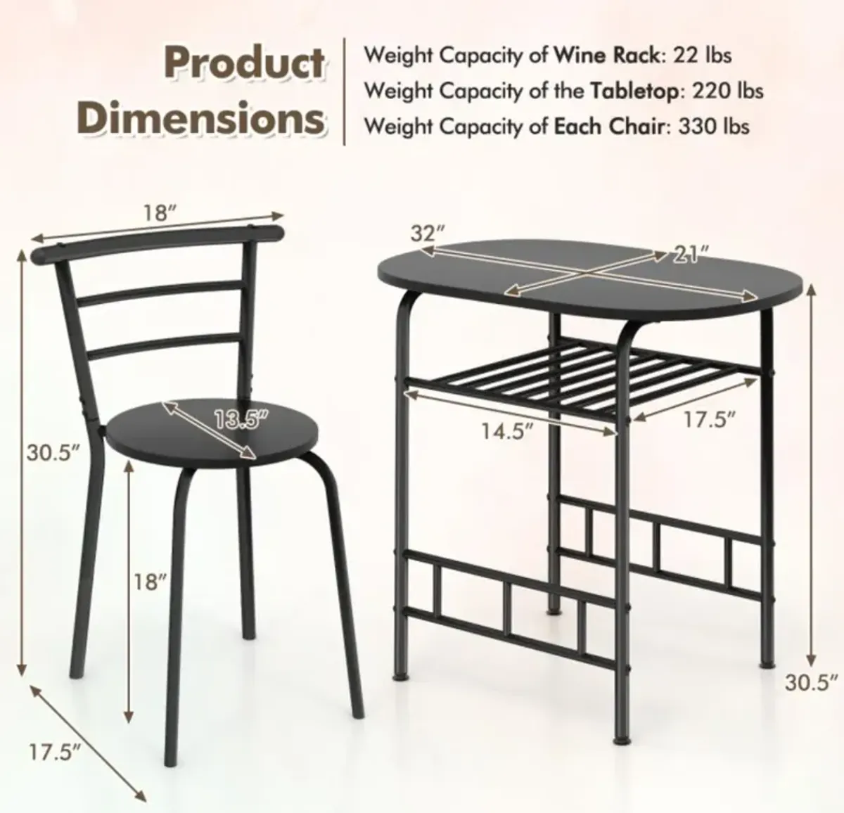 Hivvago 3-Piece Space-Saving Bistro Set for Kitchen and Apartment