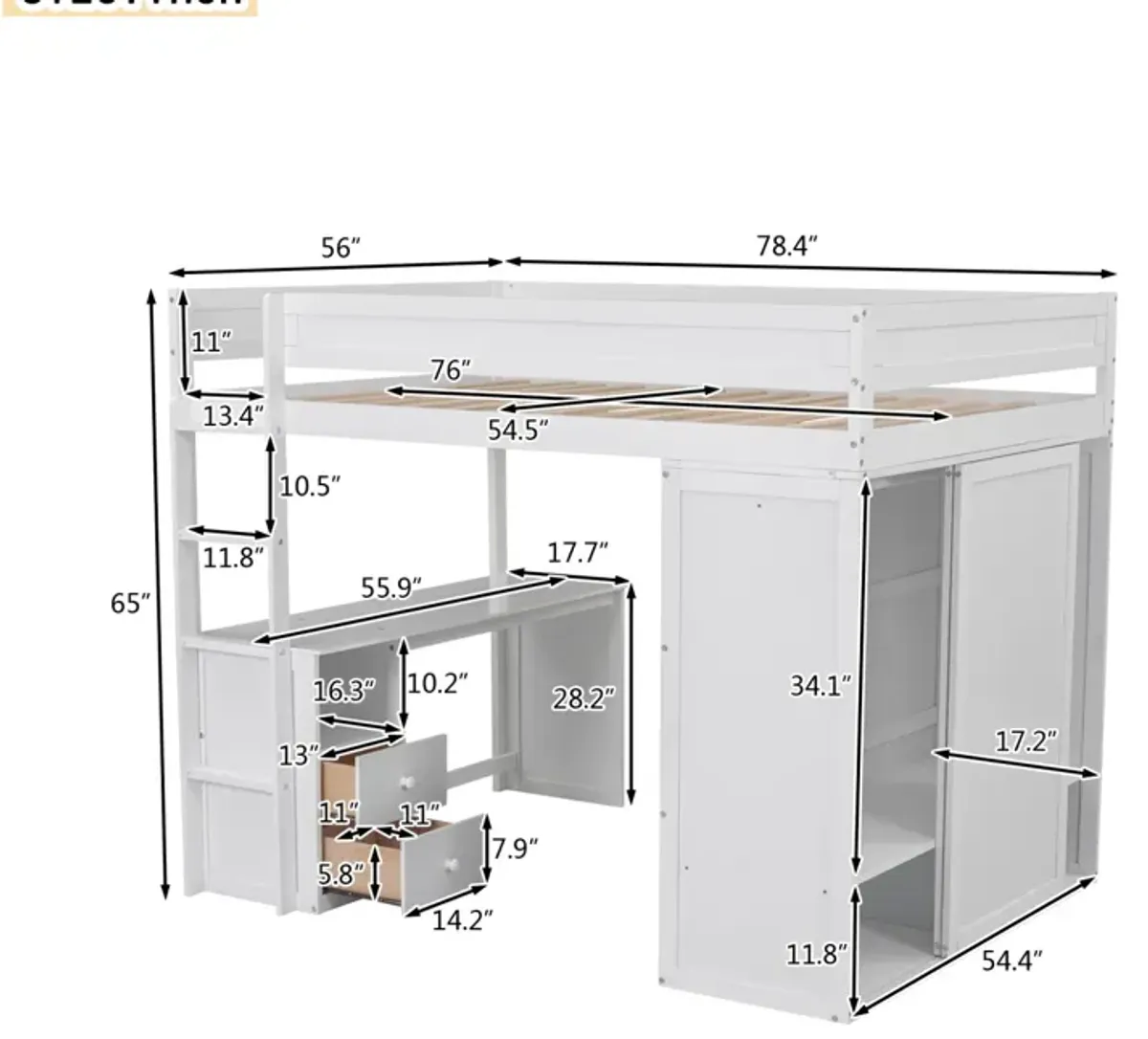 Wood Full Size Loft Bed With Wardrobes And 2-Drawer Desk With Cabinet