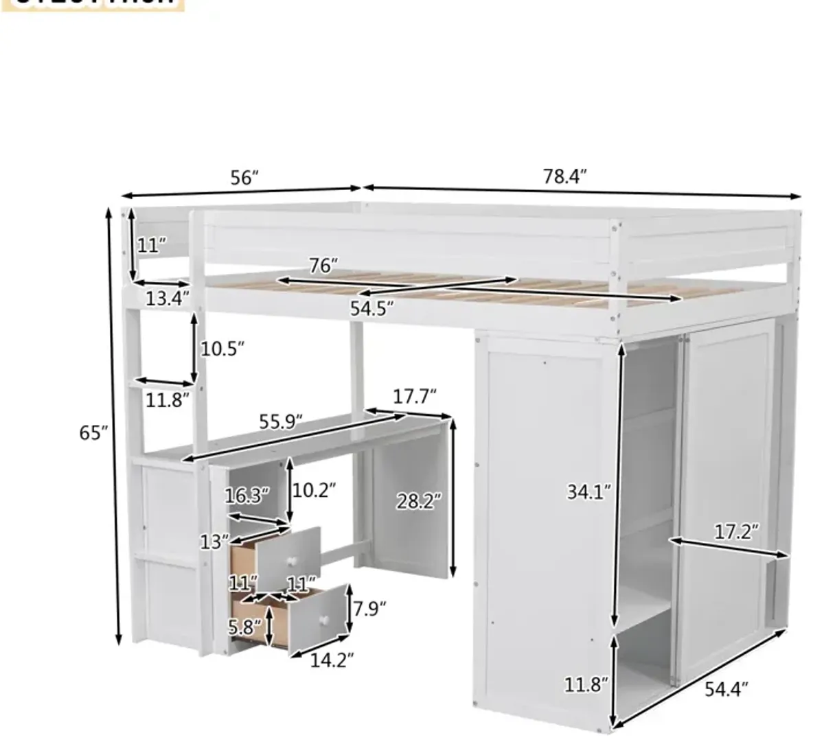 Wood Full Size Loft Bed With Wardrobes And 2-Drawer Desk With Cabinet