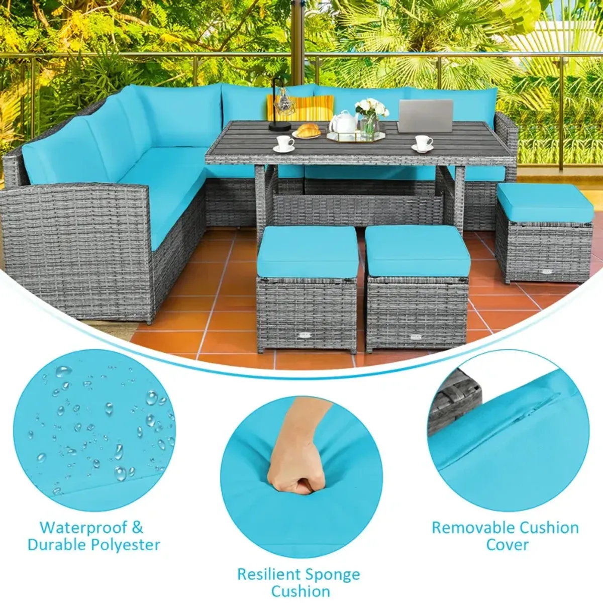 7 Pieces Patio Rattan Dining Furniture Sectional Sofa Set with Wicker Ottoman