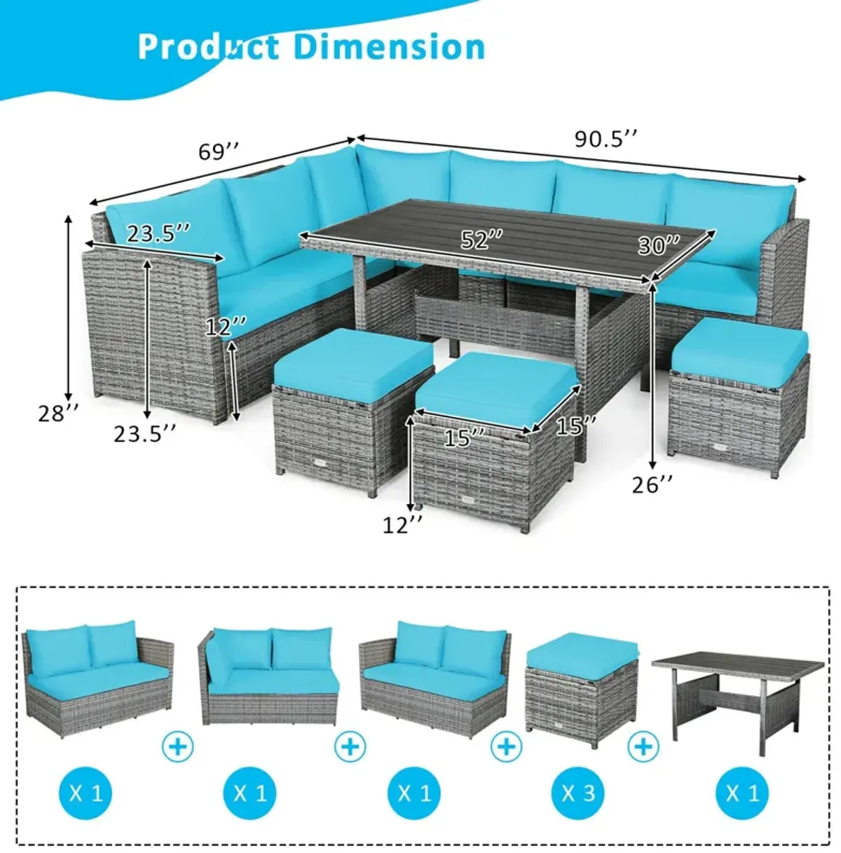 7 Pieces Patio Rattan Dining Furniture Sectional Sofa Set with Wicker Ottoman