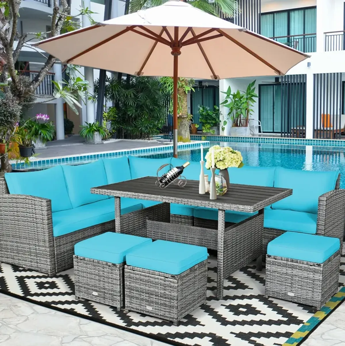 7 Pieces Patio Rattan Dining Furniture Sectional Sofa Set with Wicker Ottoman