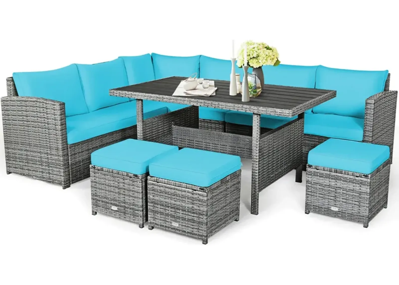 7 Pieces Patio Rattan Dining Furniture Sectional Sofa Set with Wicker Ottoman