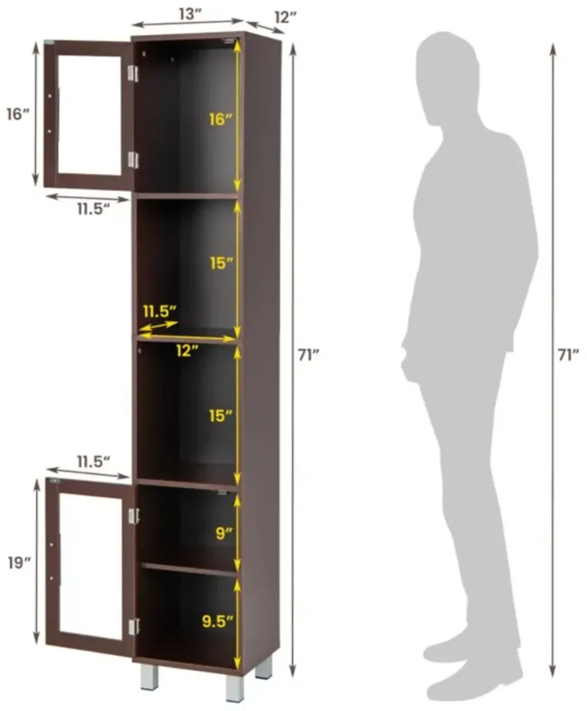 Hivvago 71 Inch Tall Tower Bathroom Storage Cabinet and Organizer Display Shelves for Bedroom