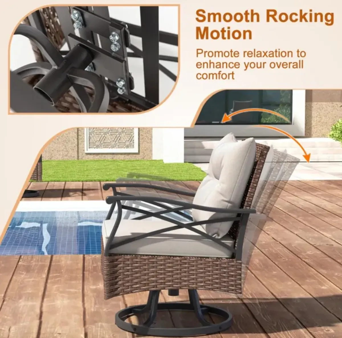 Hivvago 3 Pieces Outdoor Swivel Rocking Chairs Set with 2-Tier Tempered Glass Side Table