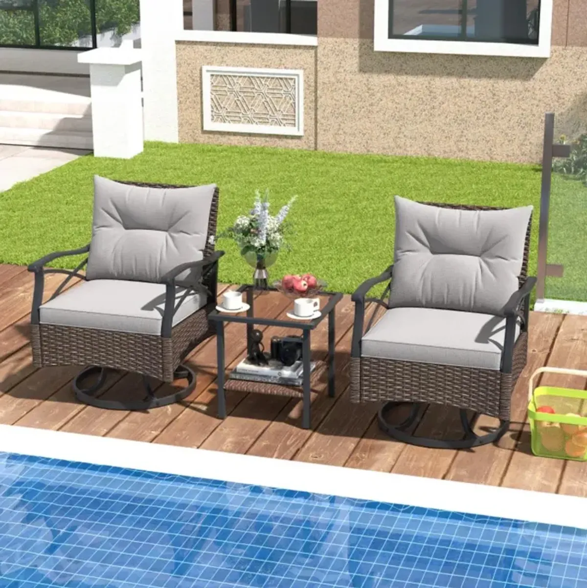 Hivvago 3 Pieces Outdoor Swivel Rocking Chairs Set with 2-Tier Tempered Glass Side Table