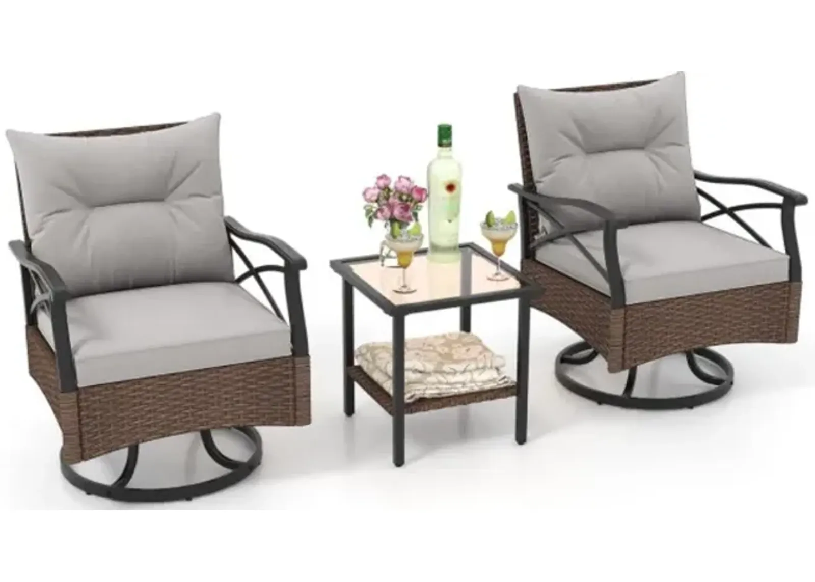 Hivvago 3 Pieces Outdoor Swivel Rocking Chairs Set with 2-Tier Tempered Glass Side Table