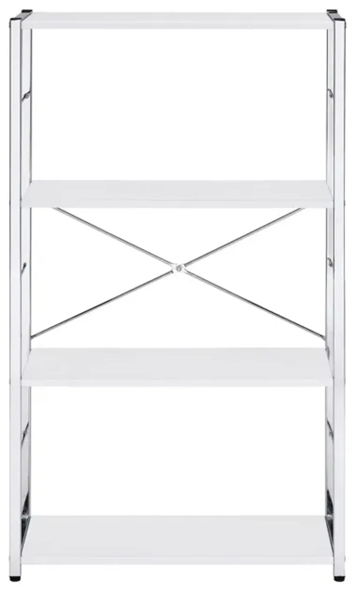 Bookshelf with X Shaped Cross Bar Chrome Finish, White-Benzara