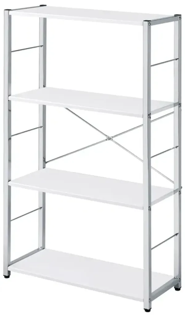 Bookshelf with X Shaped Cross Bar Chrome Finish, White - Benzara