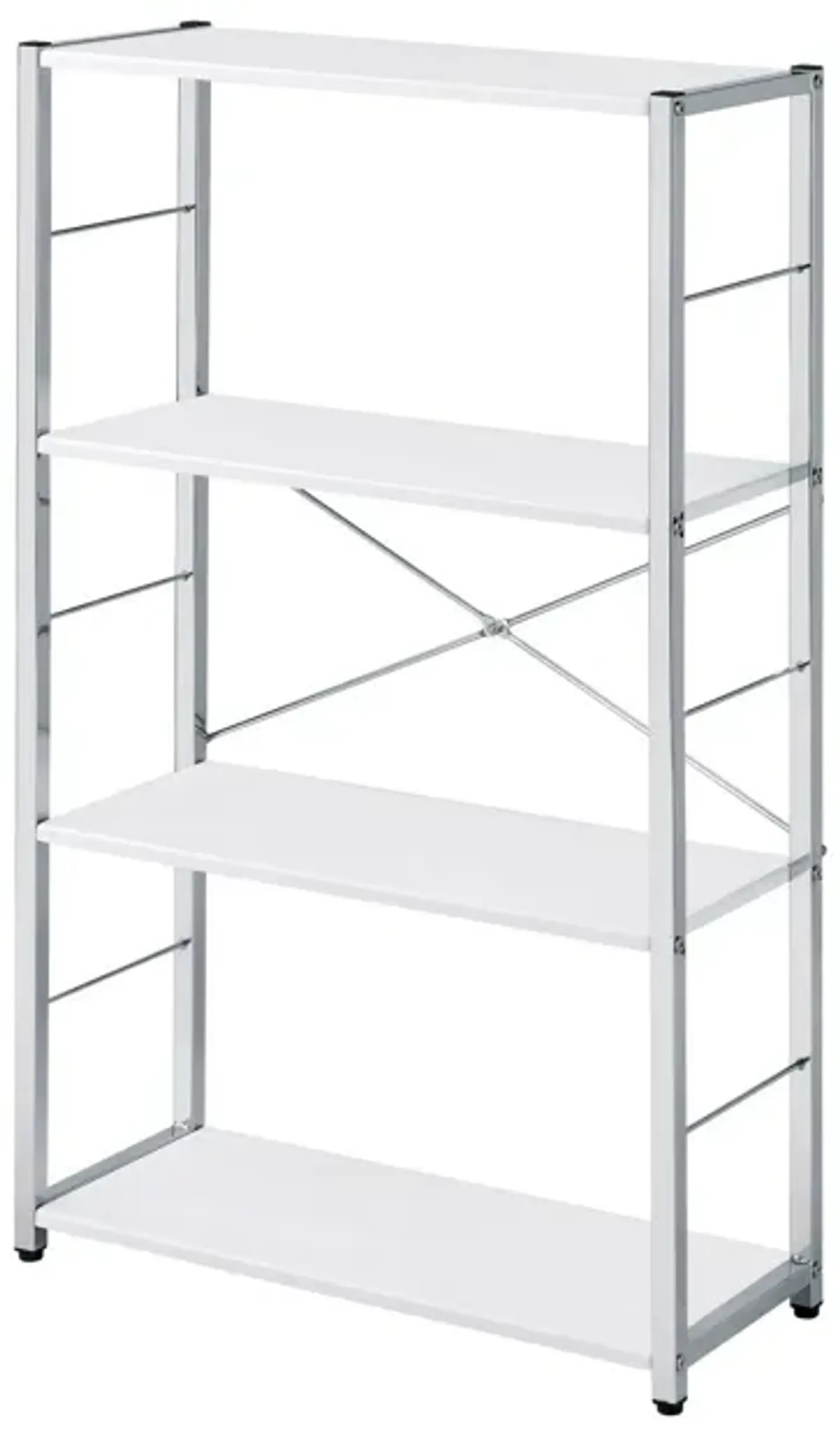 Bookshelf with X Shaped Cross Bar Chrome Finish, White-Benzara