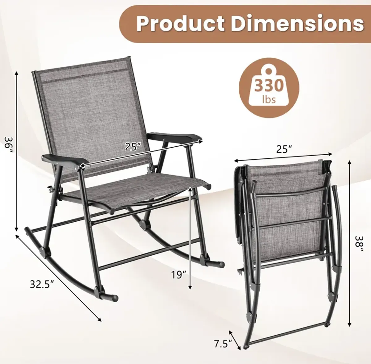 Set of 2 Folding Rocking Chair with Breathable Seat Fabric-Set of 2