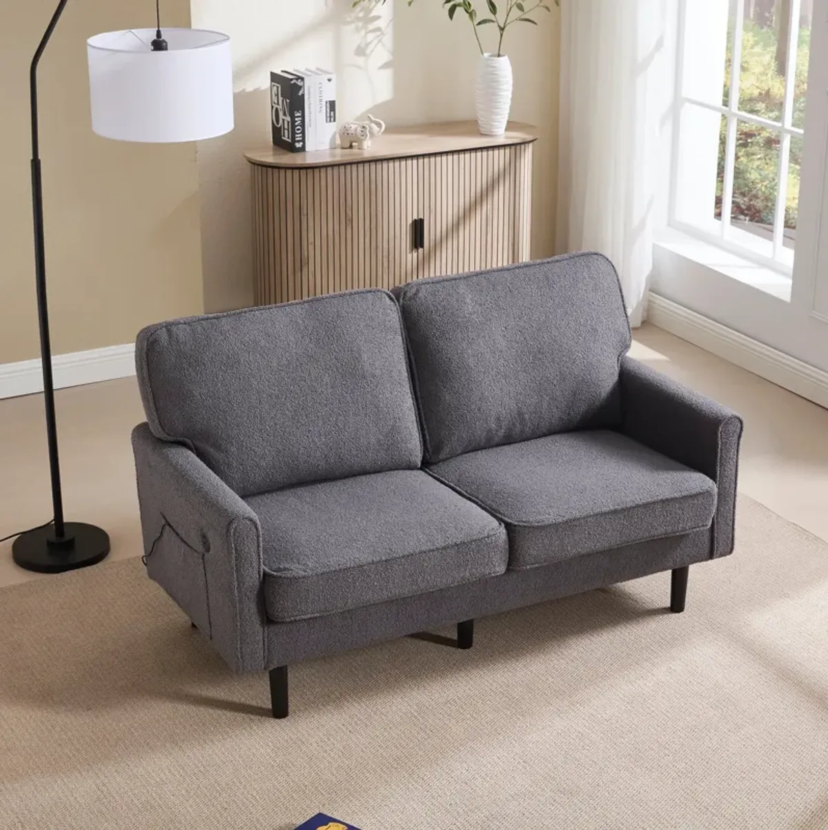 Mondawe Bouclé Loveseat Sofa, 2 Seater Small Sofa Couches with USB & Removable Pillow Cover