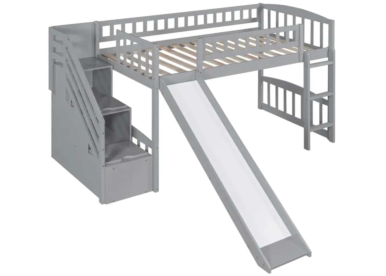 Stairway Twin Size Loft Bed With Two Drawers And Slide