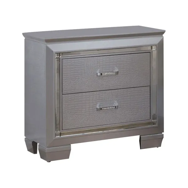 2 Drawer Wooden Nightstand with Embossed Textured Details, Gray-Benzara