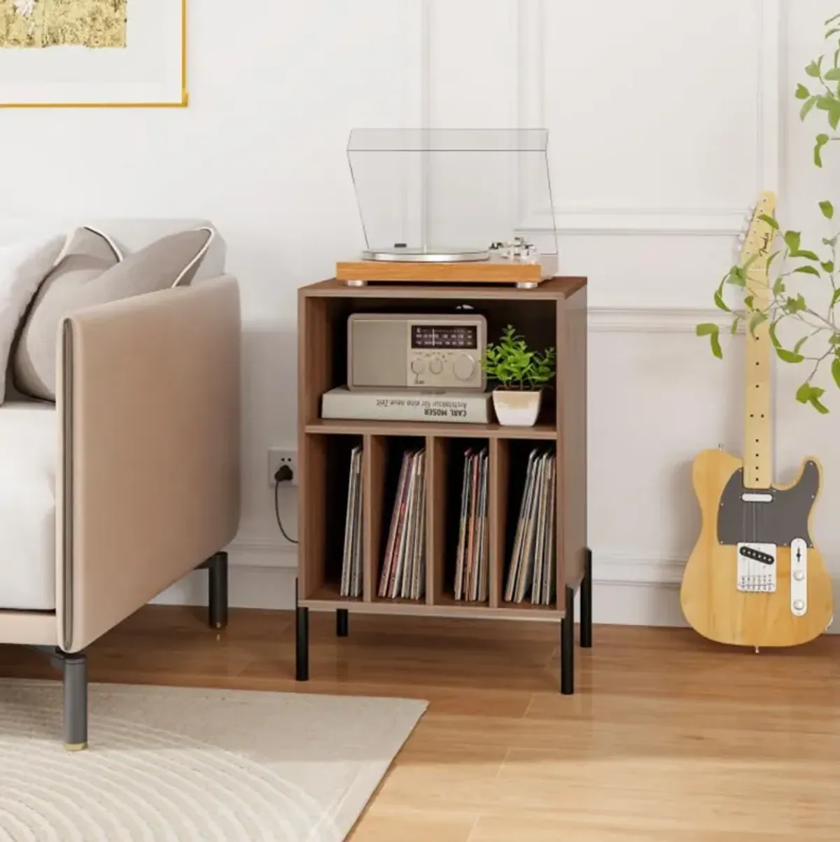 Hivvago Record Player Stand with Record Storage Shelf and Charging Station