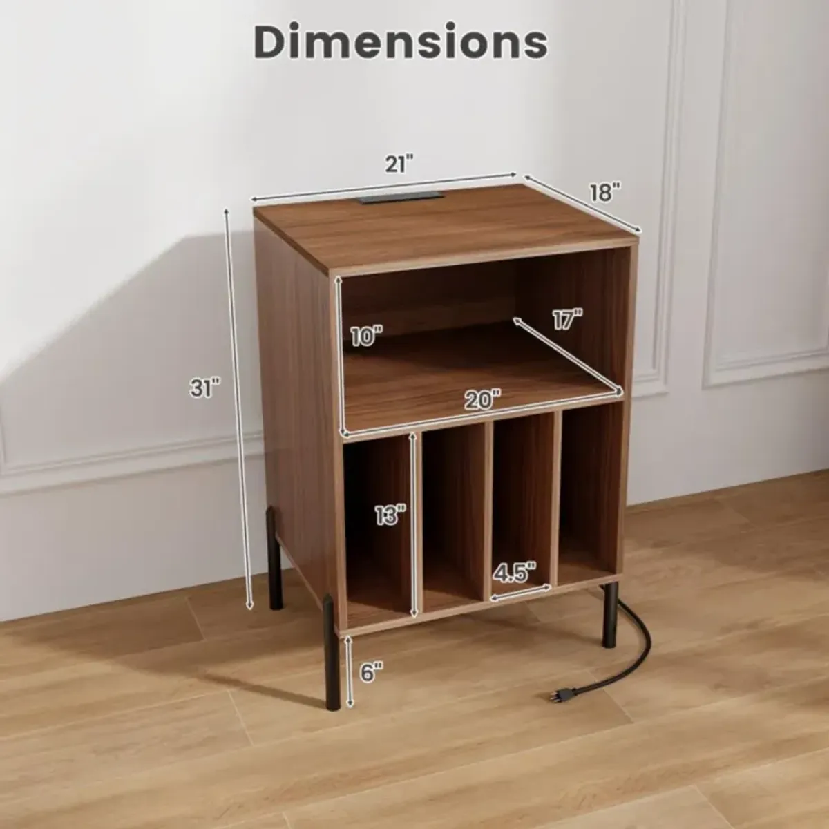 Hivvago Record Player Stand with Record Storage Shelf and Charging Station