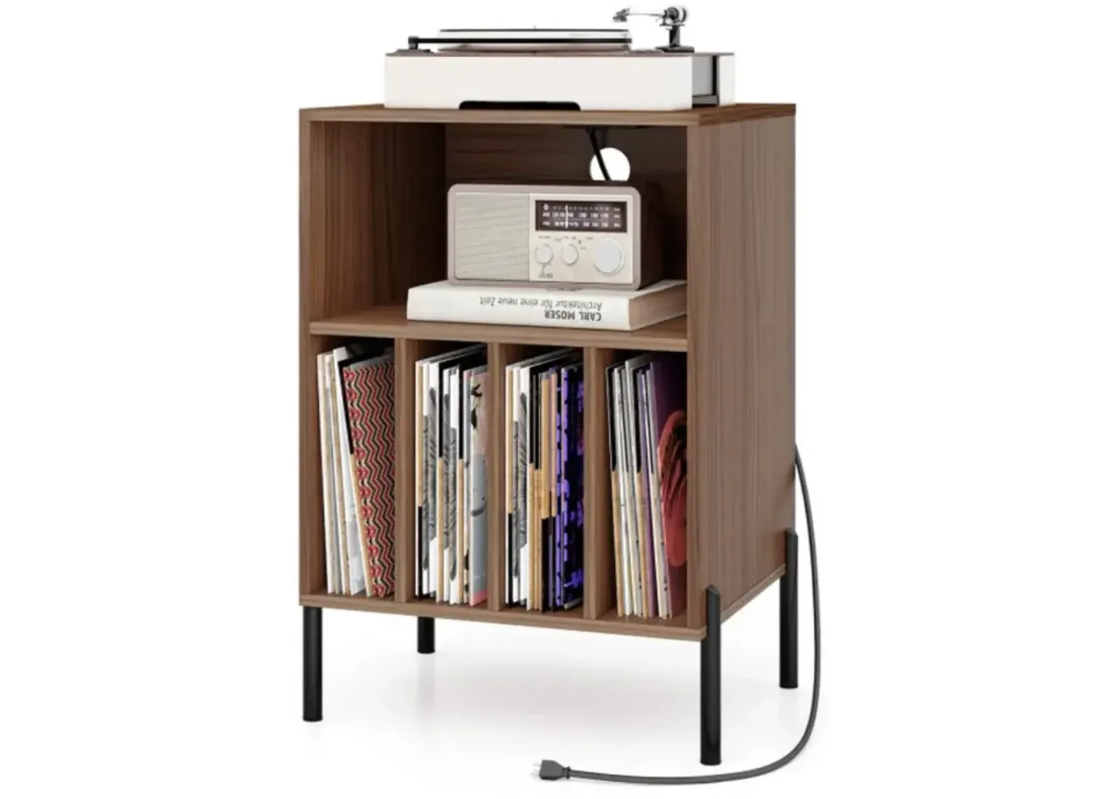 Hivvago Record Player Stand with Record Storage Shelf and Charging Station