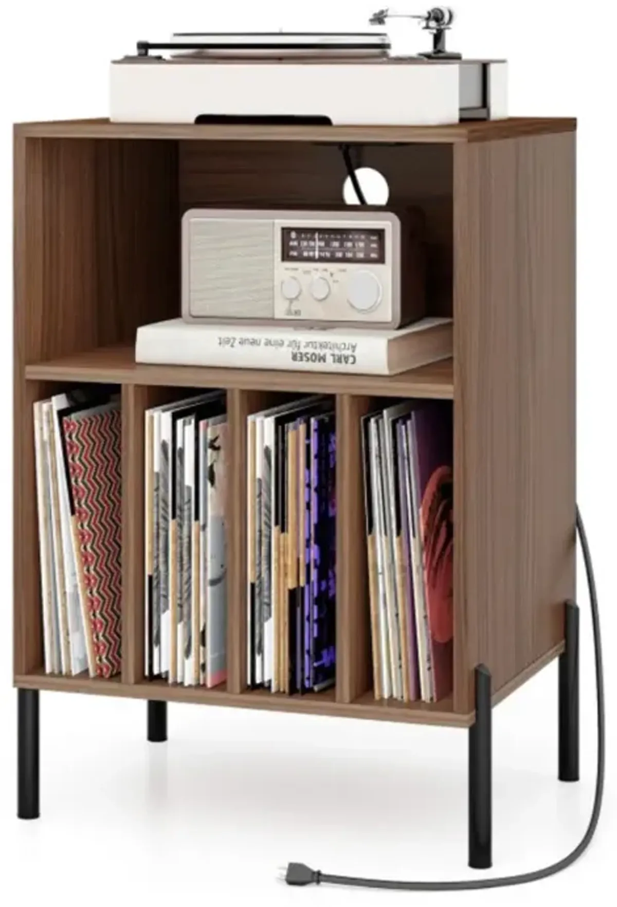 Hivvago Record Player Stand with Record Storage Shelf and Charging Station