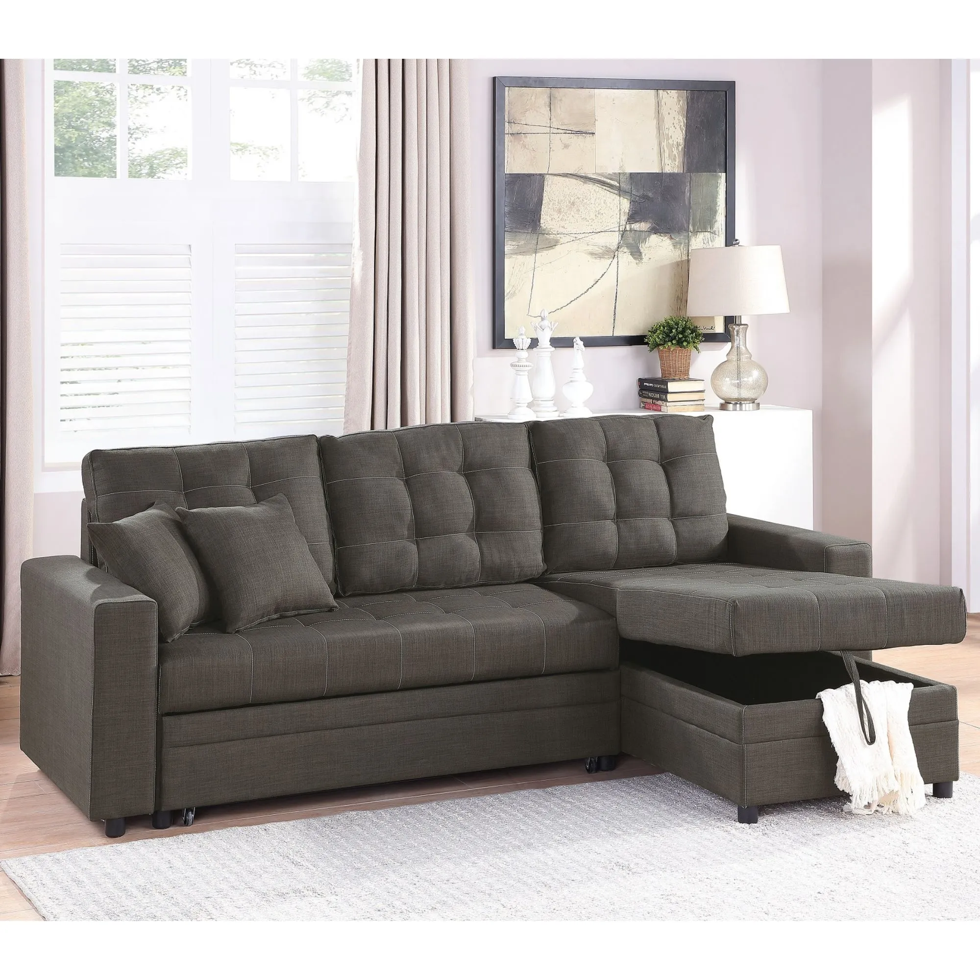 Convertible Sectional Pull Out Bed Sofa Chaise with Reversible Storage Polyfiber Tufted Couch Lounge