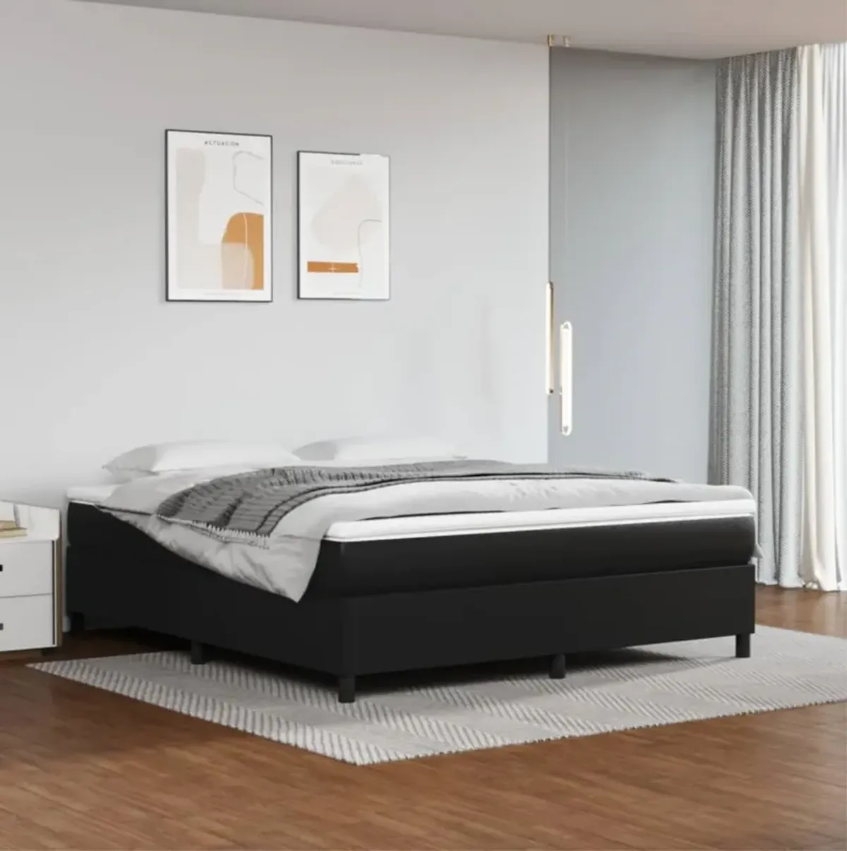 vidaXL California King Faux Leather Box Spring Bed Frame in Black | Modern Style Double Bed | 72"x83.9" | Suitable for Spacious Bedrooms | Sturdy Engineered Plywood Construction