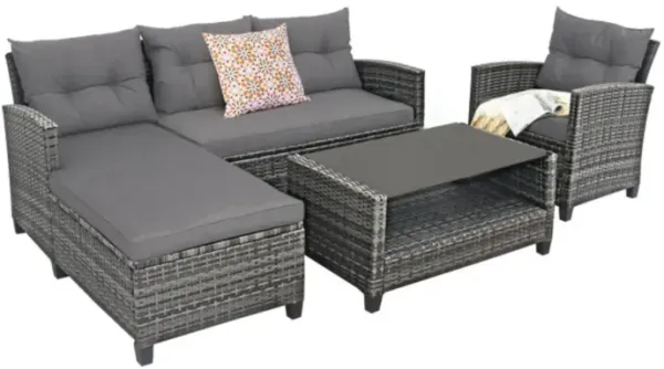Hivvago 4 Pieces Patio Rattan Sofa Furniture Set with Cushion and 2-Tier Coffee Table