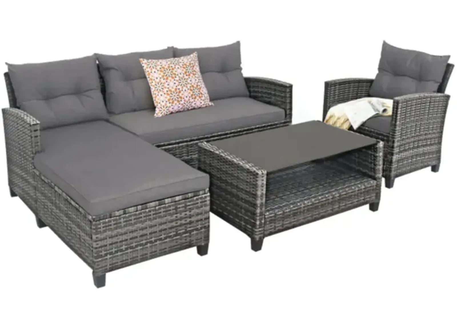 Hivvago 4 Pieces Patio Rattan Furniture Set with Cushion and Table Shelf