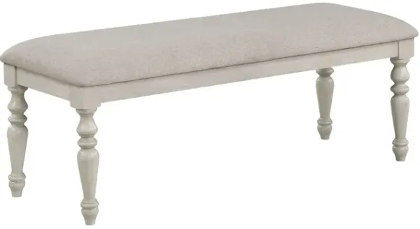 Katherine 48 Inch Bench with Fabric Seat and Turned Legs, White-Benzara