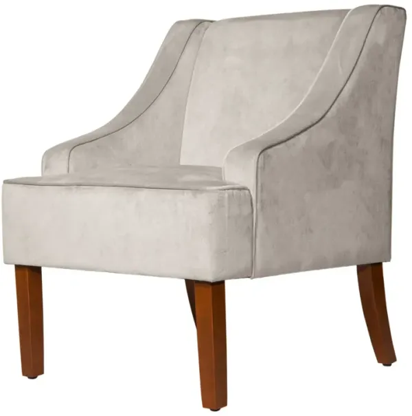Velvet Fabric Upholstered Wooden Accent Chair with Swooping Armrests, Gray and Brown - Benzara
