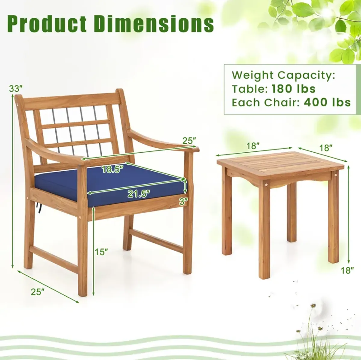 3 Piece Wood Patio Furniture Set with Seat Cushions and Acacia Wood Frame