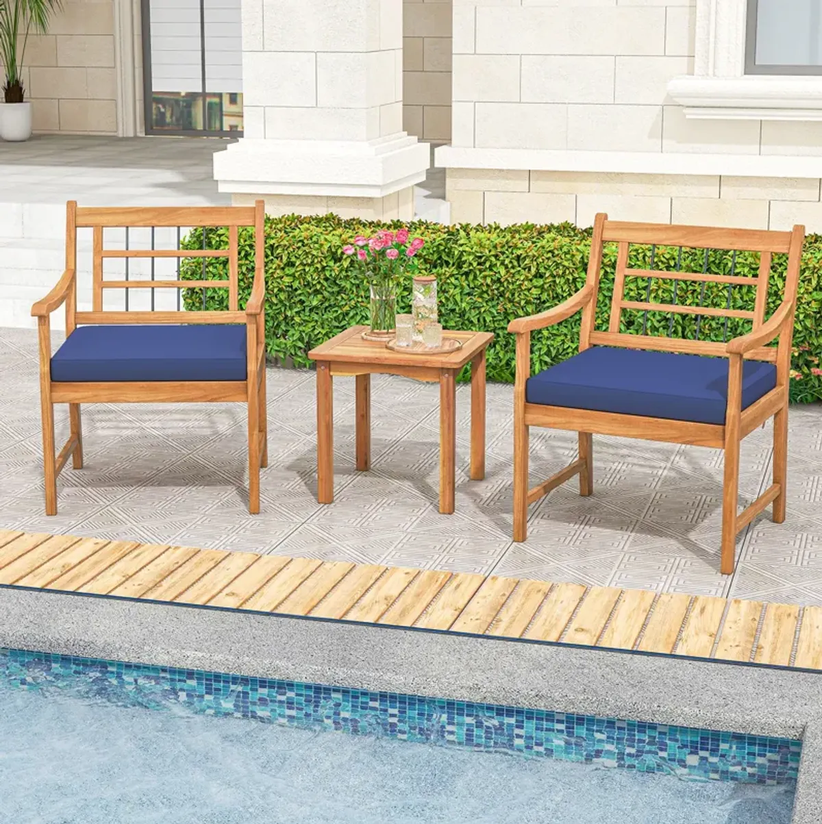 3 Piece Wood Patio Furniture Set with Seat Cushions and Acacia Wood Frame