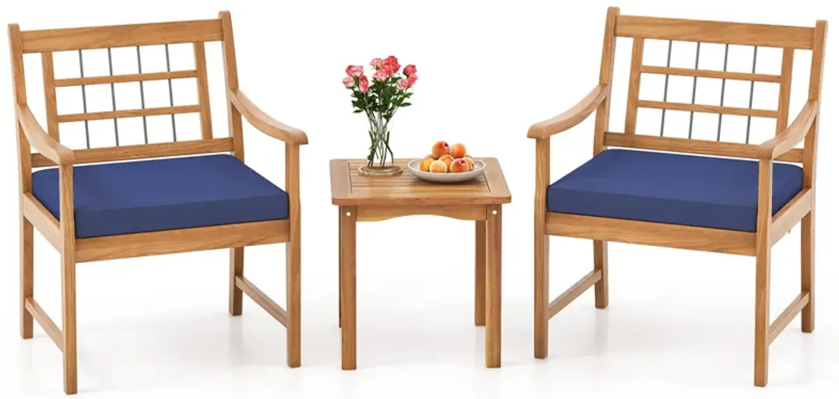 3 Piece Wood Patio Furniture Set with Seat Cushions and Acacia Wood Frame