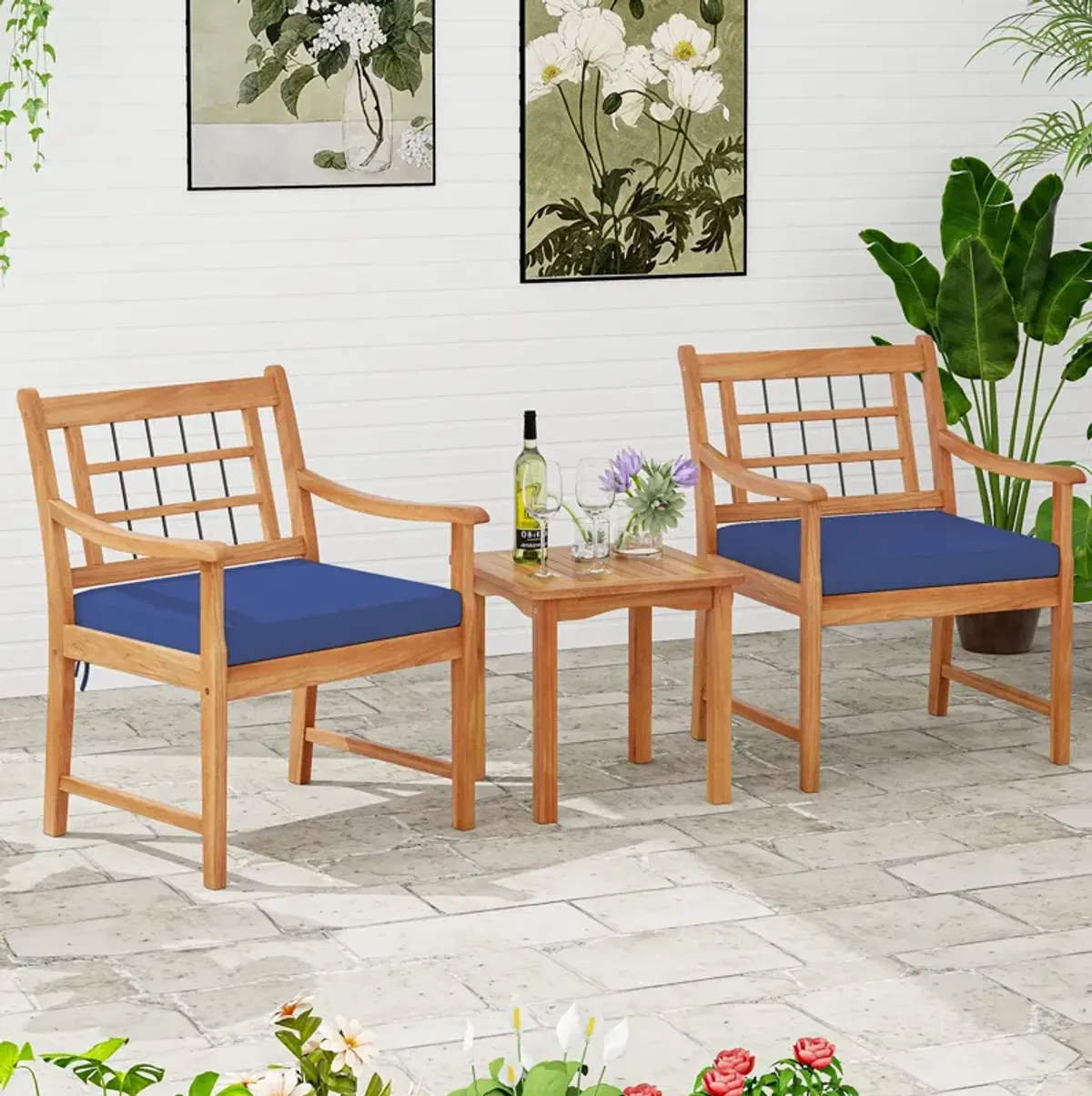 3 Piece Wood Patio Furniture Set with Seat Cushions and Acacia Wood Frame